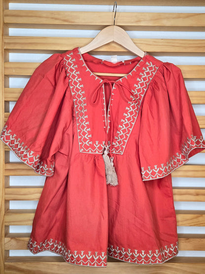 Boho-Inspired Blouse with Embroidery and Tie Neck Detail