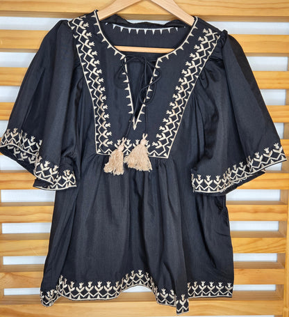 Boho-Inspired Blouse with Embroidery and Tie Neck Detail