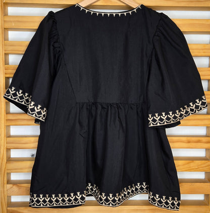 Boho-Inspired Blouse with Embroidery and Tie Neck Detail