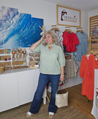 boho top, embroidered blouse, modest fashion, light green blouse, floral details, conservative style, breathable top, puff sleeve blouse, eyelet blouse, spring top, feminine outfit