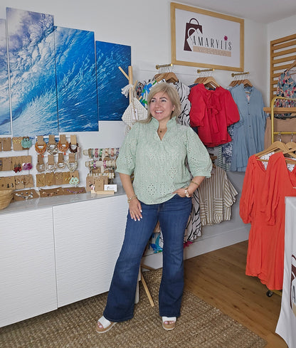 boho top, embroidered blouse, modest fashion, light green blouse, floral details, conservative style, breathable top, puff sleeve blouse, eyelet blouse, spring top, feminine outfit