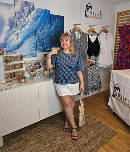 denim top, polka dot blouse, casual chic, boho fashion, lightweight denim, effortless style, everyday wear, trendy outfit, relaxed fit, soft fabric, amarylisvipboutique
