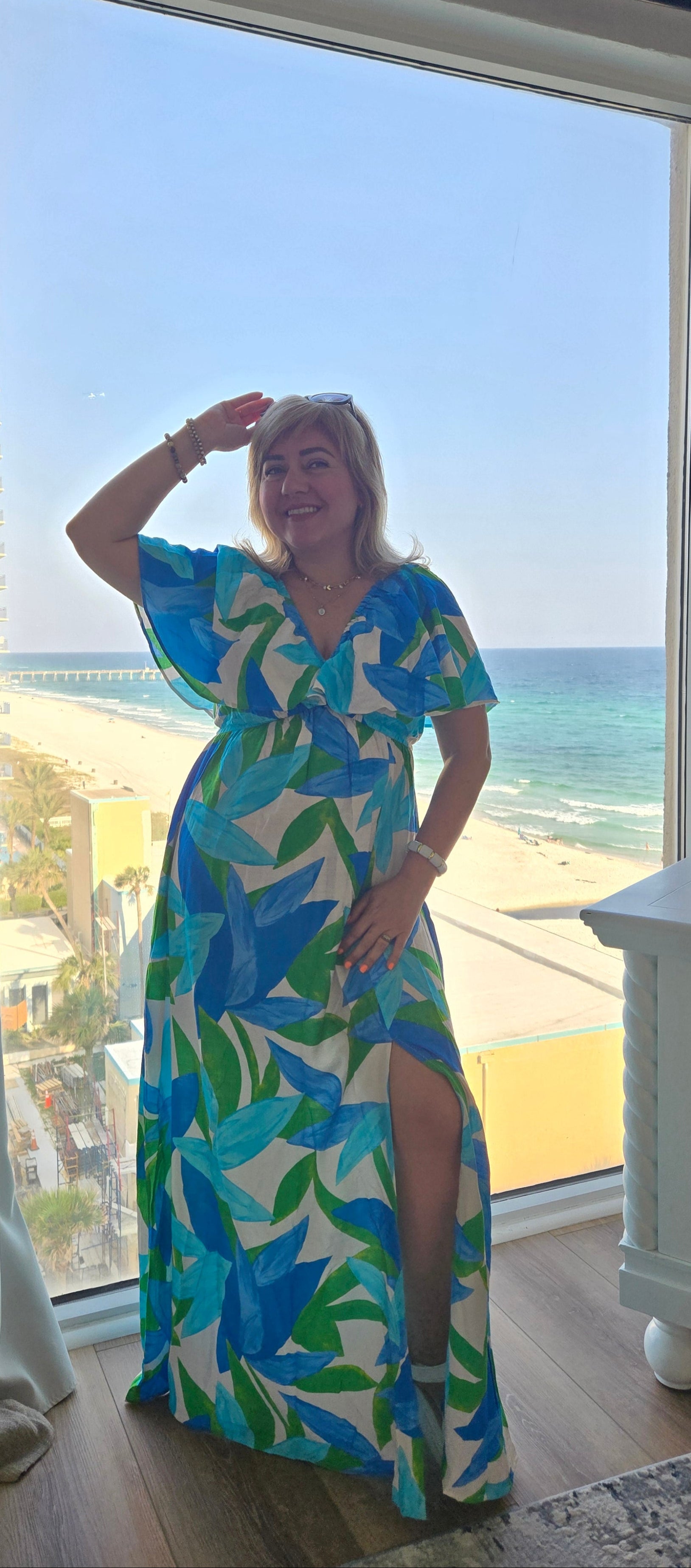Blue Floral V-Back Maxi Dress with Front Slit Amarylis VIP Boutique Blue Floral V-Back Maxi Dress with Front Slit Amarylis VIP Boutique