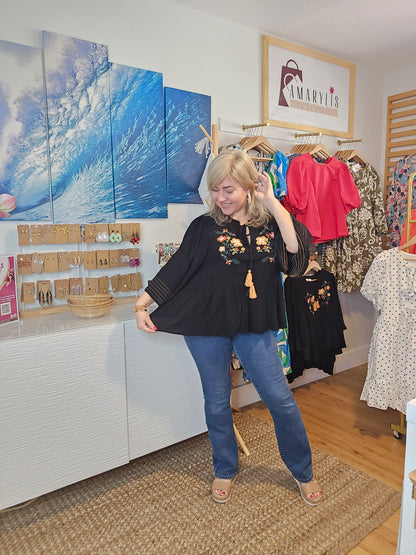 Black Crinkled Blouse with Floral Embroidery and Tassels