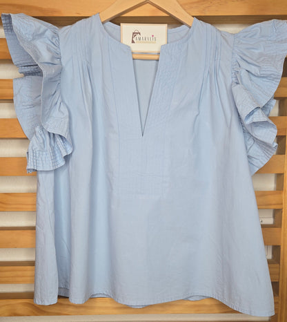#BlueTop #CottonTop #RuffleSleeve #LooseFit #VNeck #SummerTop #CasualStyle #BohoTop #ComfortableFashion #EasyWear