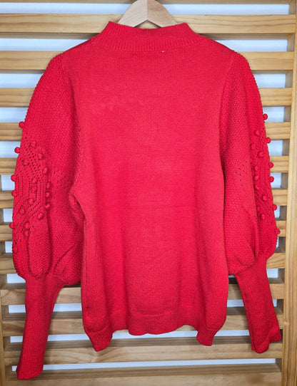 #RedSweater #PomPomSweater #BalloonSleeveTop #CozyKnitwear #RelaxedFit #FashionComfort #WinterStyle #KnitSweater #PomPomDetails #CasualChic