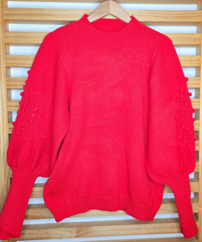 #RedSweater #PomPomSweater #BalloonSleeveTop #CozyKnitwear #RelaxedFit #FashionComfort #WinterStyle #KnitSweater #PomPomDetails #CasualChic
