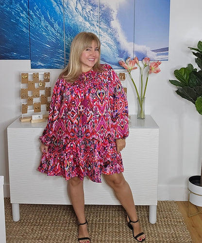 Abstract Pattern Short Dress with Tassel Tie Neck and Long Sleeves