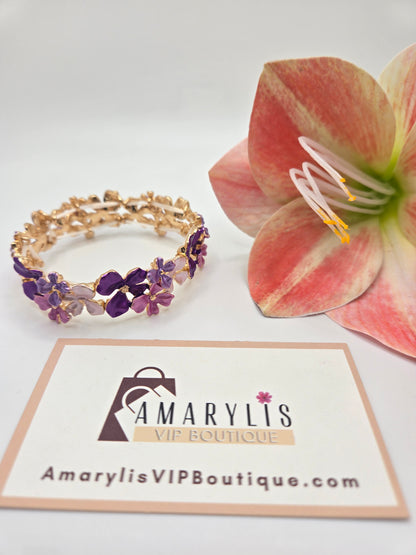 vintage gold bracelets, floral stretch bracelets, violet and pink jewelry, boho chic accessories, adjustable bracelets for women, non-slip stretch bracelets, delicate floral jewelry, bohemian wristwear, gifts for her.