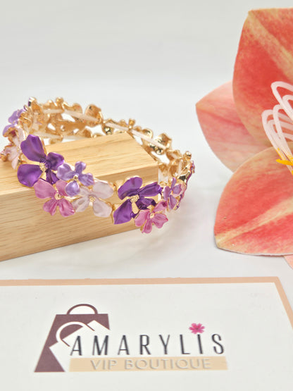 vintage gold bracelets, floral stretch bracelets, violet and pink jewelry, boho chic accessories, adjustable bracelets for women, non-slip stretch bracelets, delicate floral jewelry, bohemian wristwear, gifts for her.
