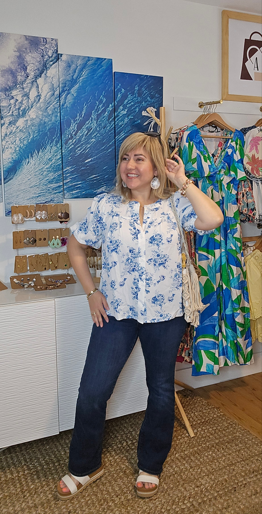 floral shirt, puff sleeves, casual wear, button-up blouse, light fabric, feminine style, versatile top, romantic fashion, spring outfit, boho touch, amarylisVIP Boutique, amarylis, boho