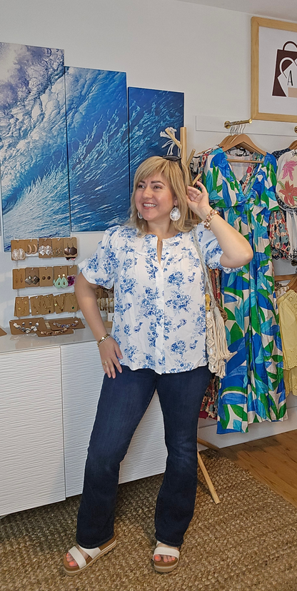 floral shirt, puff sleeves, casual wear, button-up blouse, light fabric, feminine style, versatile top, romantic fashion, spring outfit, boho touch, amarylisVIP Boutique, amarylis, boho