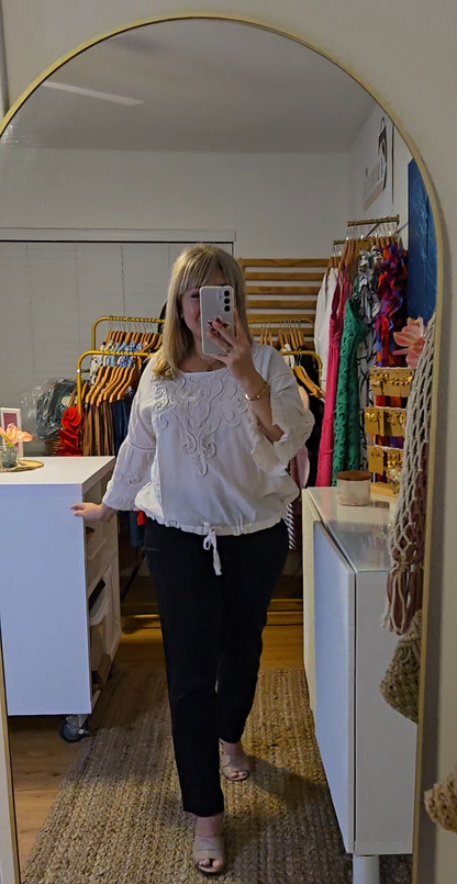 Casual Chic: Top with Tonal Soutaches and Flared Sleeves