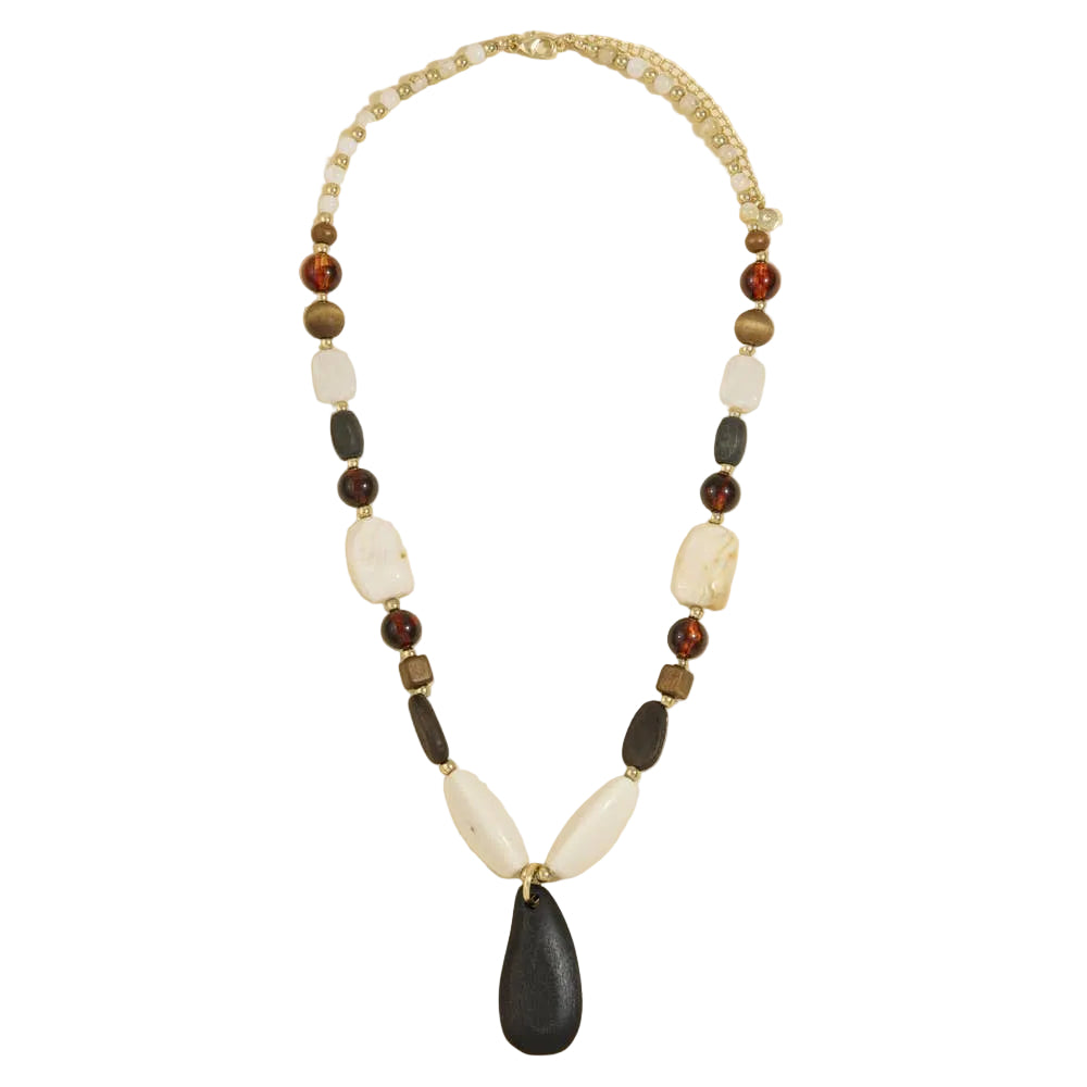 A timeless wood bead necklace with a graceful teardrop pendant, designed to bring natural beauty and effortless elegance to your wardrobe.