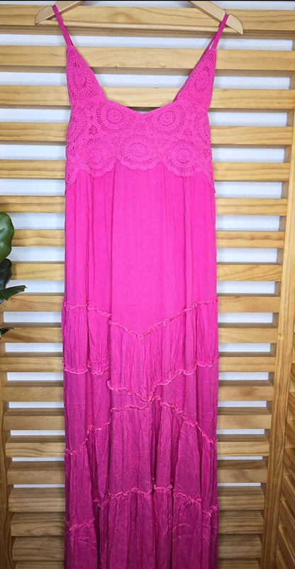 Crochet Lace Tiered Hem Maxi Fuchsia Dress