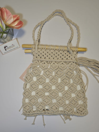 Cotton Macrame White Handbag with Cotton Lining