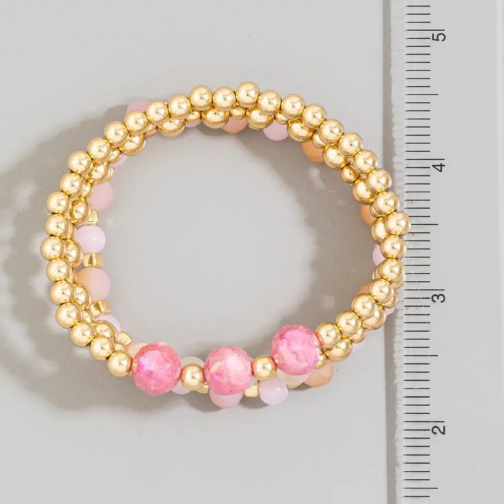 Rose pink faceted stone and gold-tone beaded stretch bracelet set