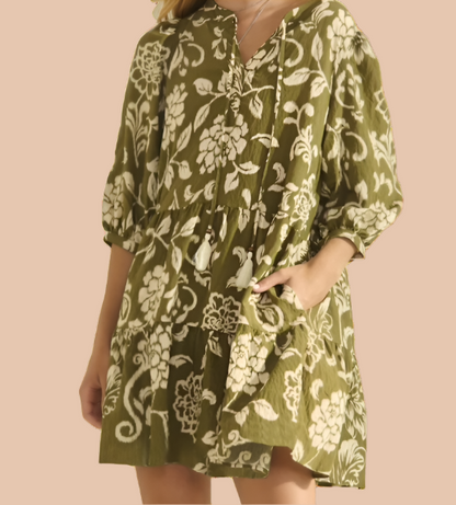 boho dress, floral dress, olive dress, white flowers, 3/4 sleeves, babydoll dress, loose fit, comfy dress, dress with pockets, tassel dress, feminine style, casual boho, relaxed look, soft fabric, everyday dress, amarylisvipboutique, amarylis