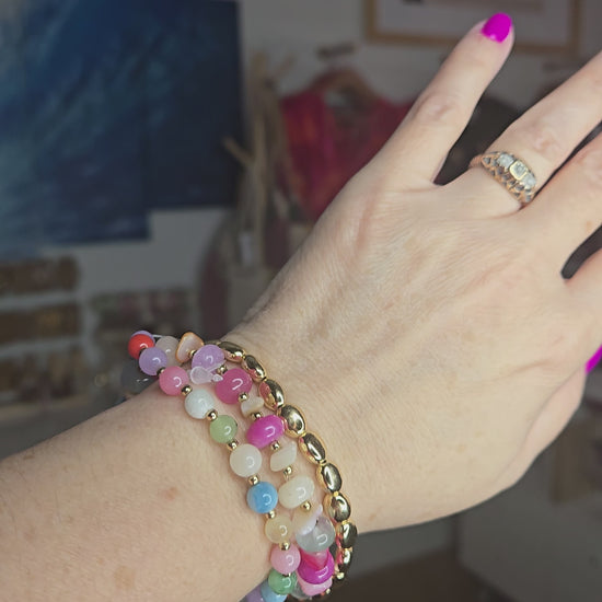 Metallic stone and multicolor beaded bracelet set featuring pearl accents and layered design details.