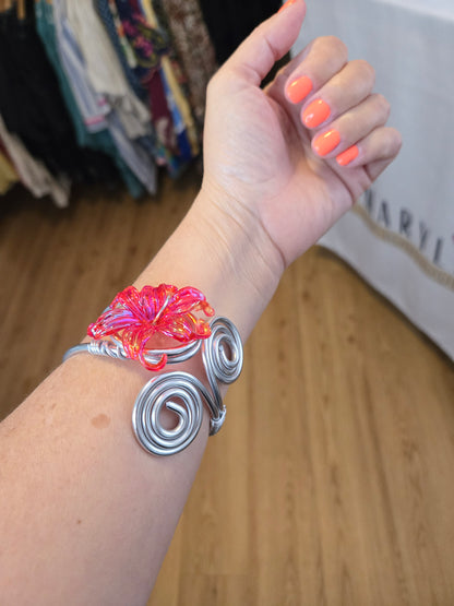 Handcrafted Silver-Tone Adjustable Bracelet with Pink Flower Charm