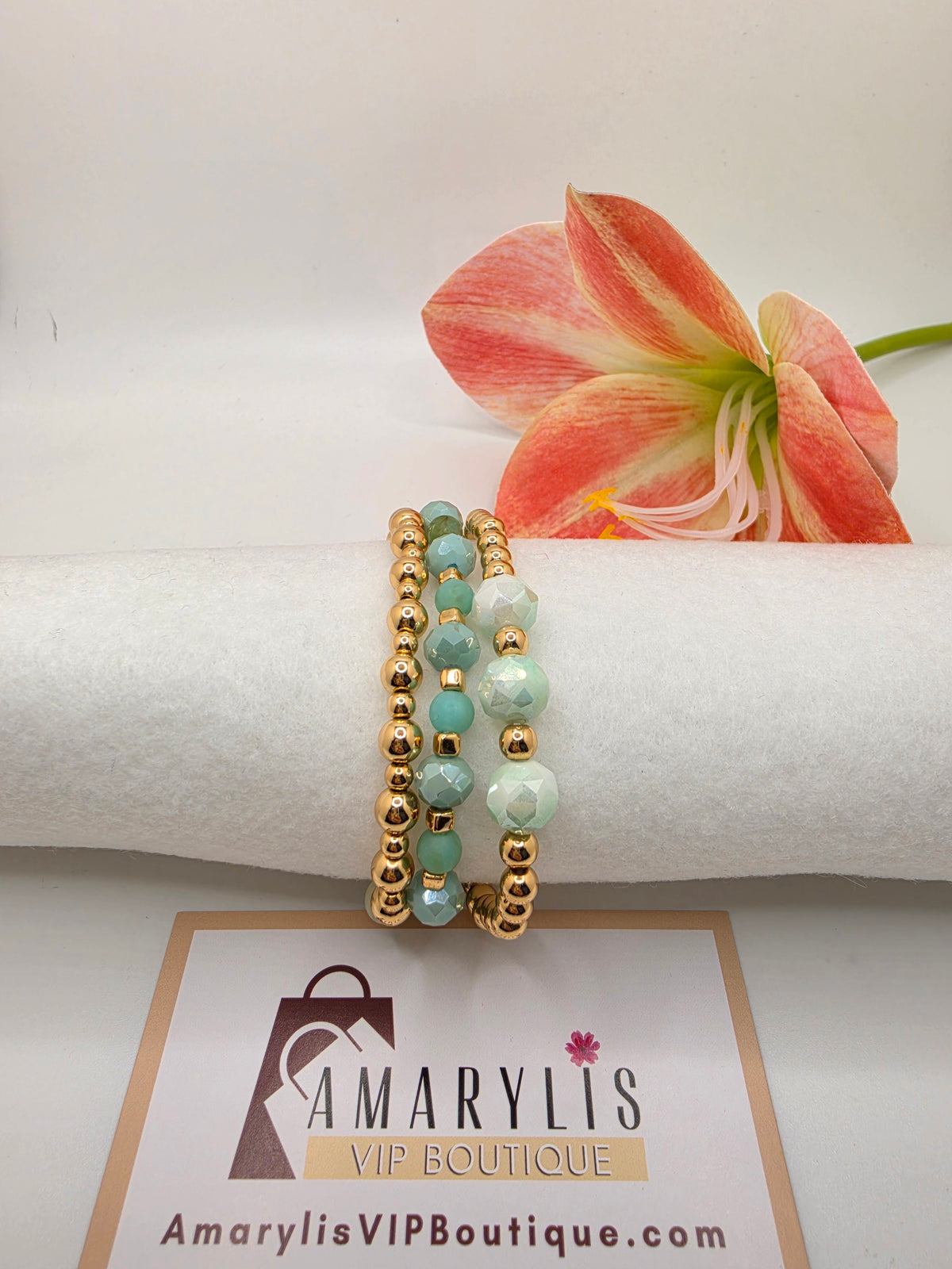 Mint Green Faceted Stone & Golden Bead Stretch Bracelet Collection