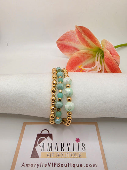 Mint Green Faceted Stone & Golden Bead Stretch Bracelet Collection