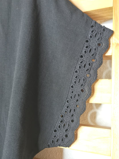 Black Eyelet Lace Button-Up Linen Blend Top