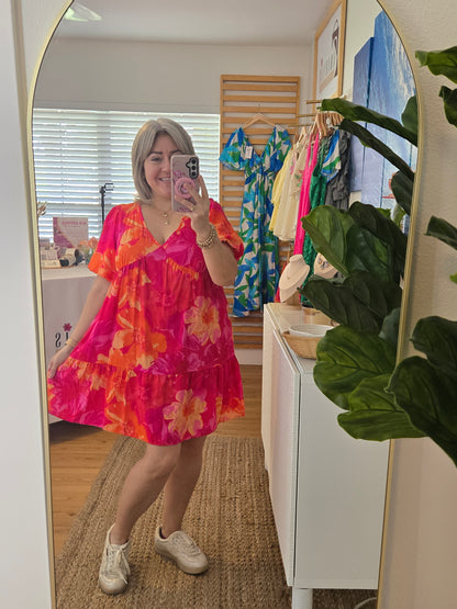 Floral Short Dress with V-Neck and Puff Sleeves