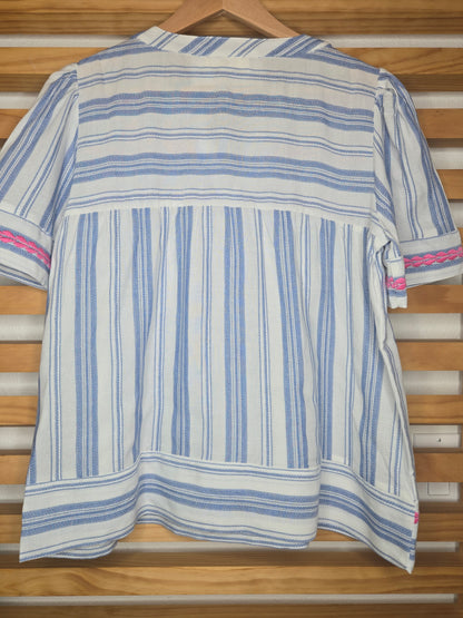 Short sleeve striped boho blouse with embroidered details and a relaxed fit design