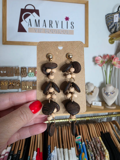 Wooden Disc & Beaded Dangle Earrings