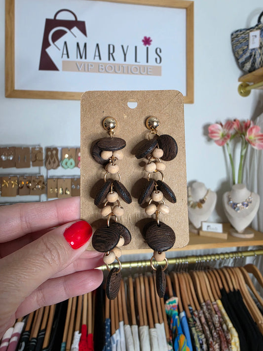 Wooden Disc & Beaded Dangle Earrings