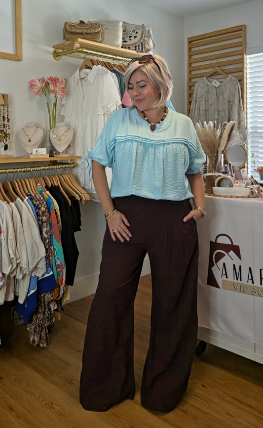 High-Waisted Smocked Band Pintuck Detail Pants