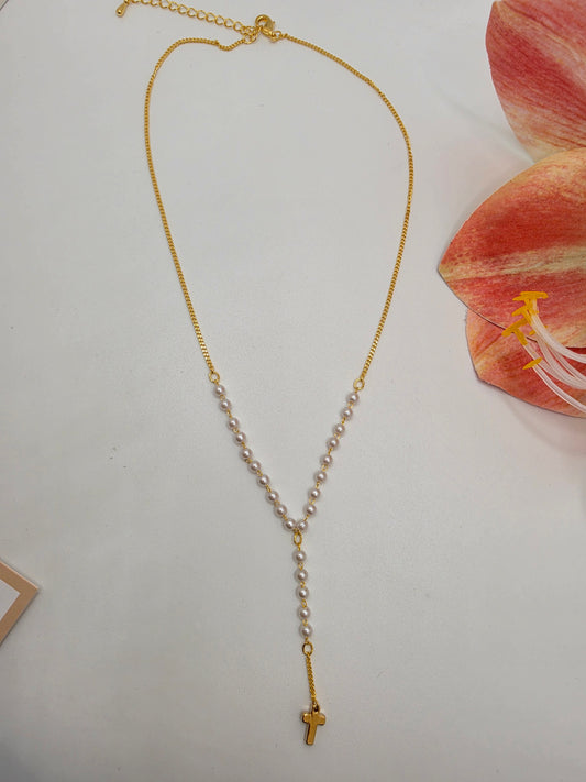 Pearl Accent Y-Chain Cross Necklace