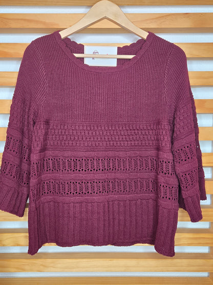 crochet sweater, spring top, knit pullover, boho style, wine sweater, women’s fashion, casual chic, textured knit, 3/4 sleeve top