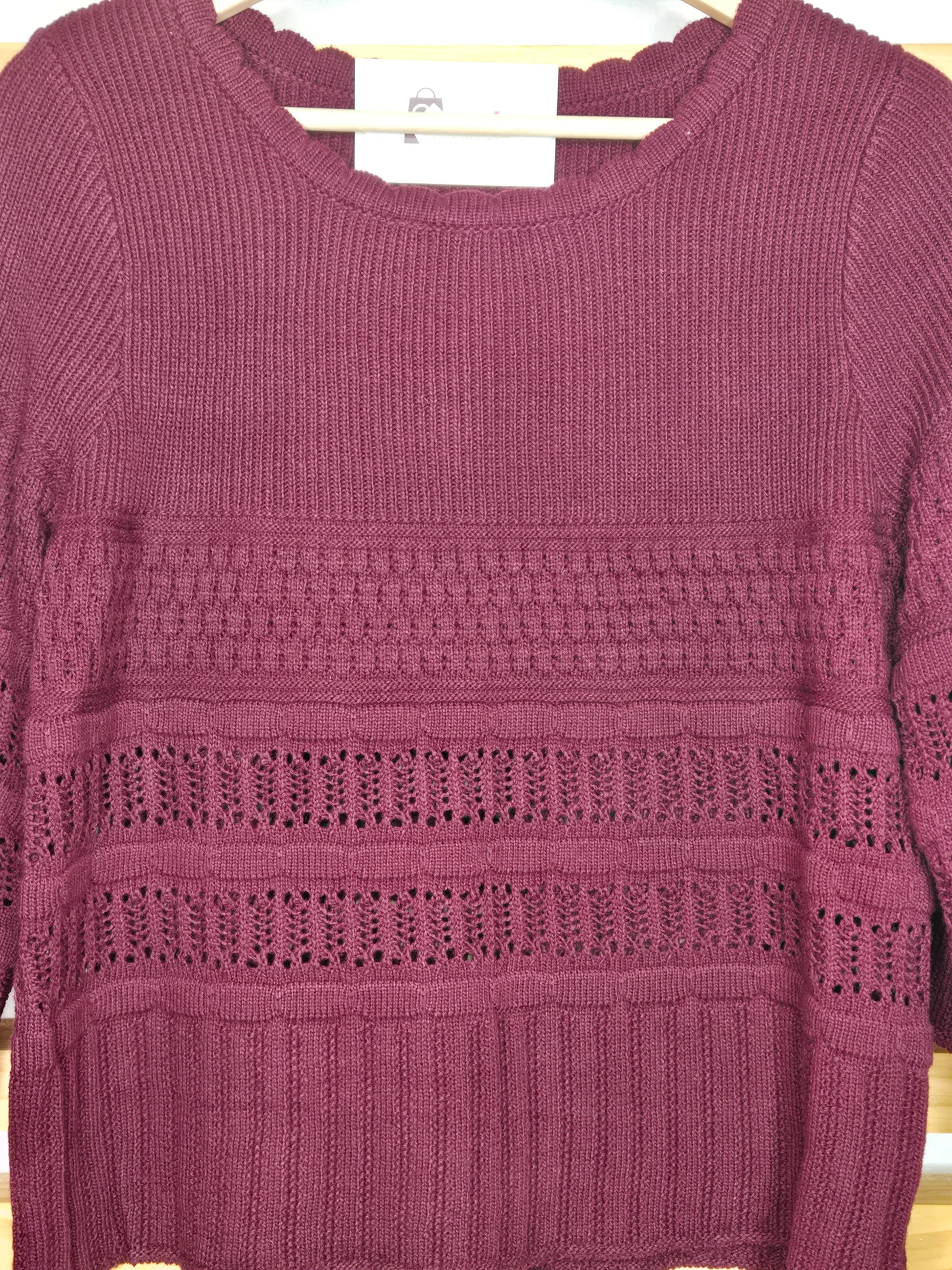 crochet sweater, spring top, knit pullover, boho style, wine sweater, women’s fashion, casual chic, textured knit, 3/4 sleeve top