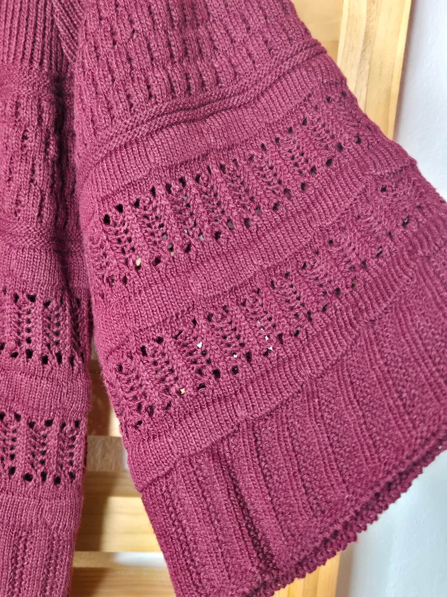 crochet sweater, spring top, knit pullover, boho style, wine sweater, women’s fashion, casual chic, textured knit, 3/4 sleeve top
