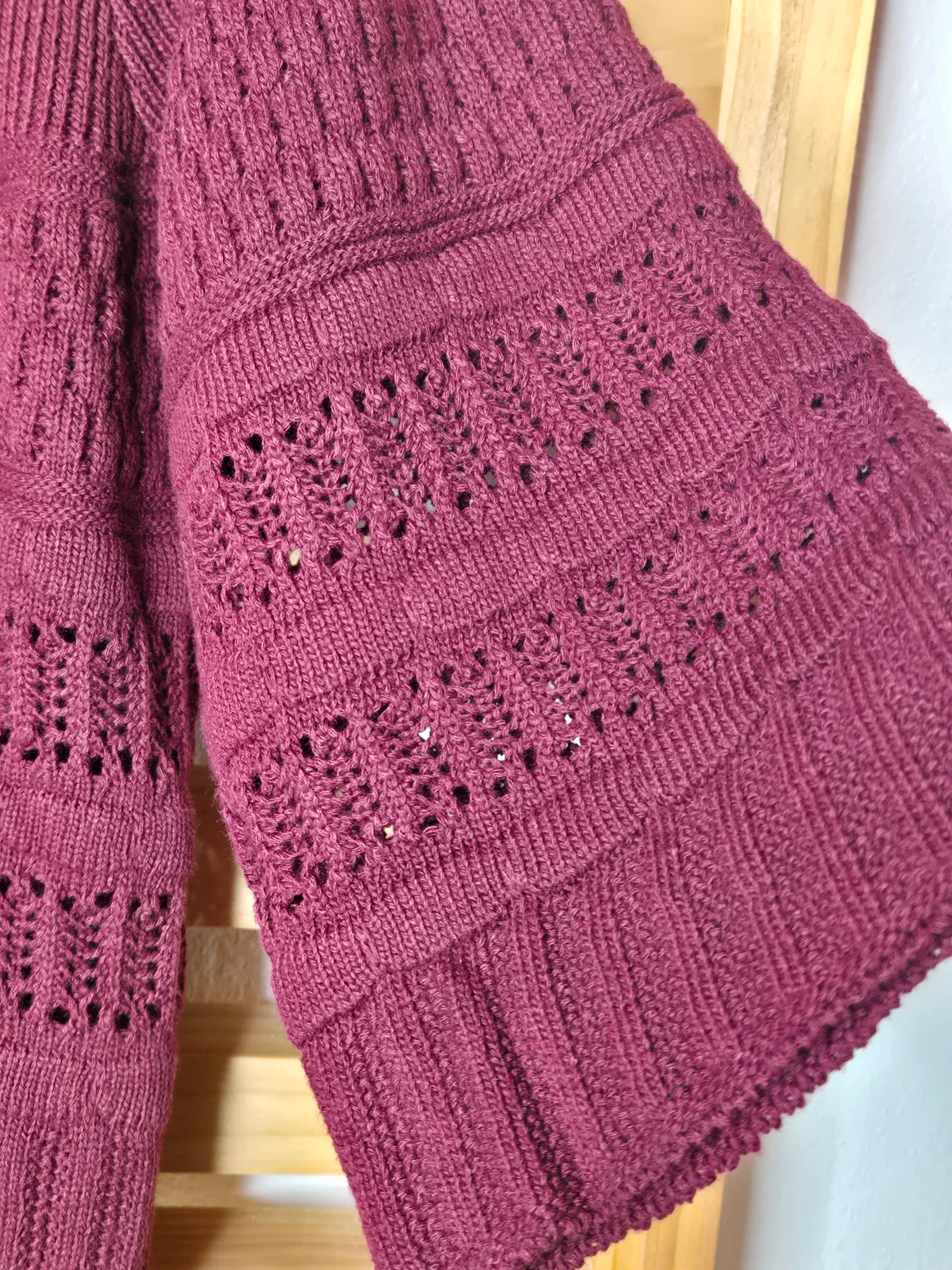 crochet sweater, spring top, knit pullover, boho style, wine sweater, women’s fashion, casual chic, textured knit, 3/4 sleeve top