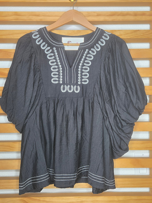 Embroidered V-Neck Bubble Sleeve Black Blouse with Contrast Stitch Detail (Pre-order)