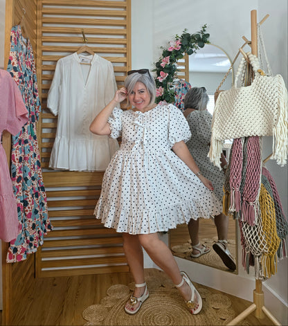 Polka Dot Puff Sleeve Ruffle Hem Dress with Front Bow & Lining