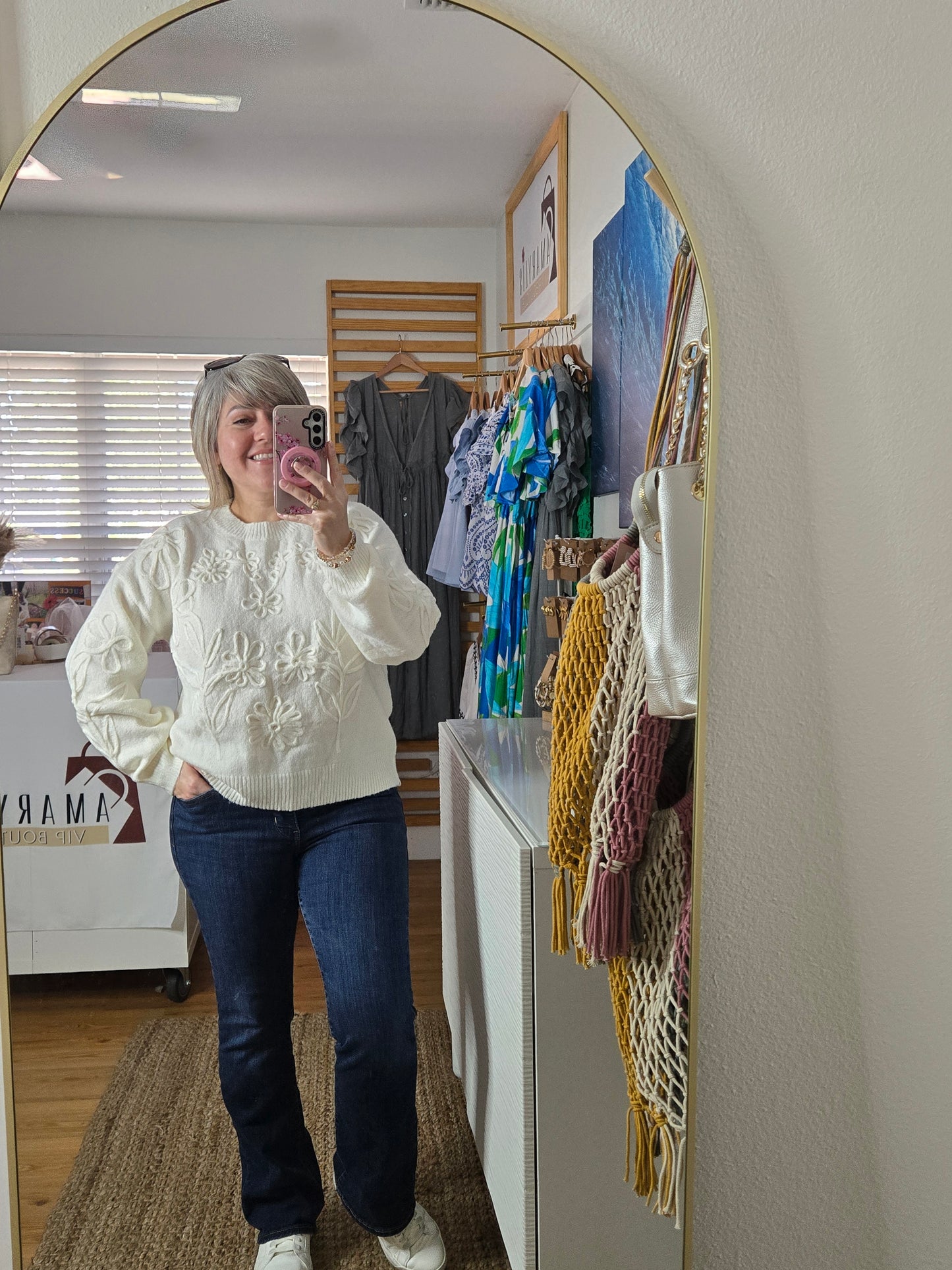 Ivory Knit Sweater with Textured Floral Details