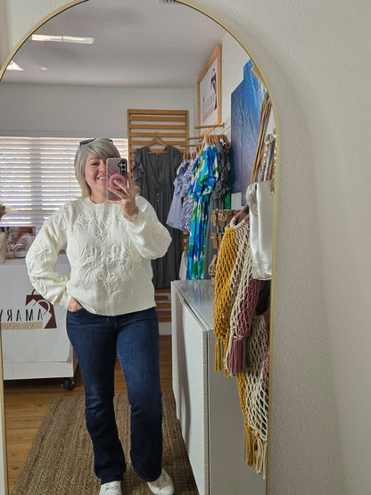 Ivory Knit Sweater with Textured Floral Details