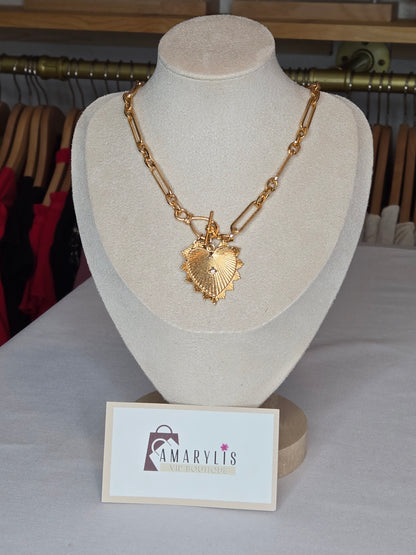 Double heart oval link chain necklace featuring an elegant and feminine design with delicate heart accents and polished chain links.