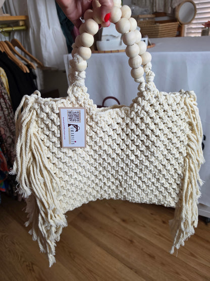 Oversized Macrame Tote Bag with Fringe & Braided Shoulder Strap