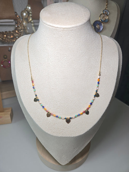 Delicate 18K Gold Necklace with Colorful Beads and Multiple Heart Charms (Tarnish-Free)