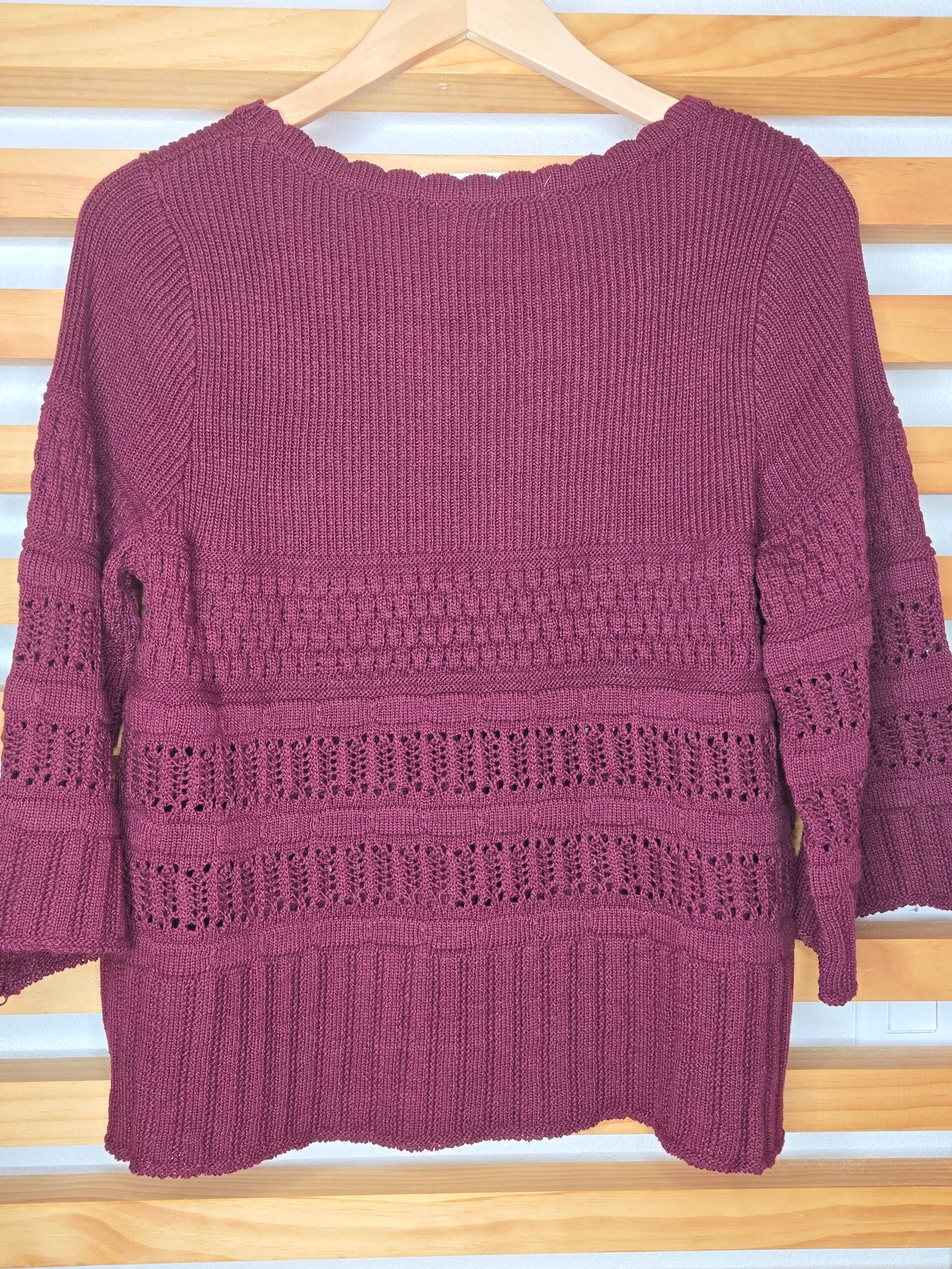 Wine Crochet Textured Sweater with 3/4 Sleeves