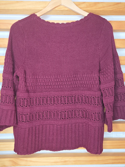 Wine Crochet Textured Sweater with 3/4 Sleeves