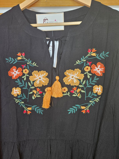 boho style blouse, black boho blouse, embroidered black blouse, tassel detail top, bohemian black top, lightweight boho blouse, half wing sleeve blouse, crinkle fabric blouse, floral embroidered top, boho chic outfit