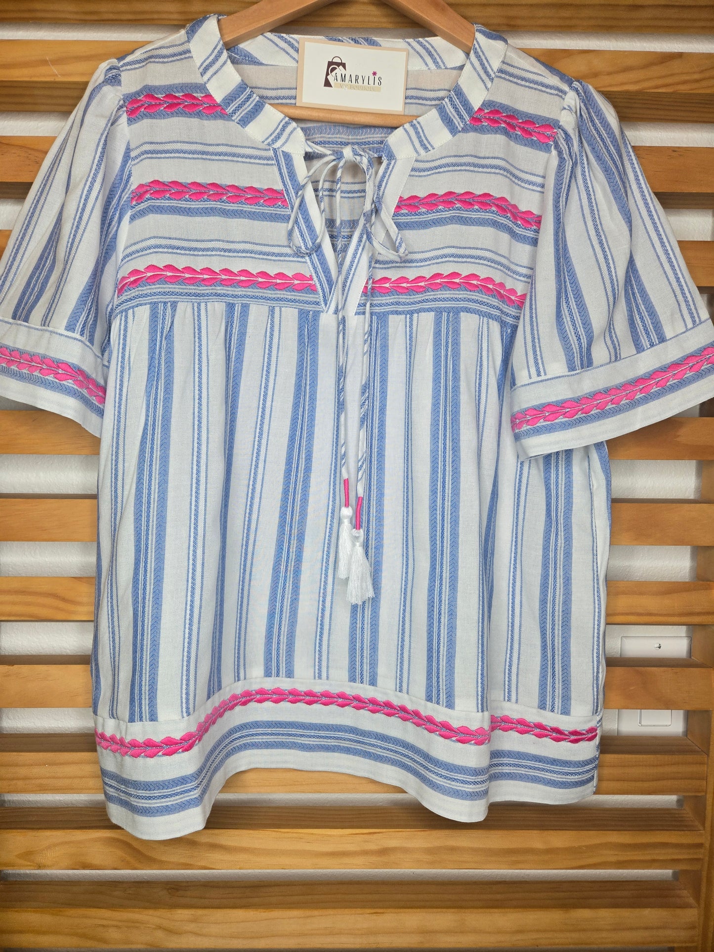Short sleeve striped boho blouse with embroidered details and a relaxed fit design