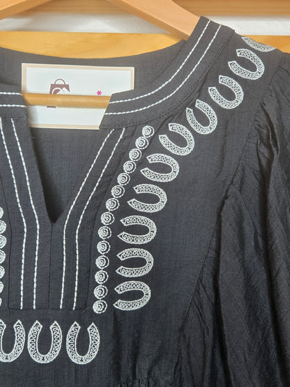 Embroidered V-Neck Bubble Sleeve Black Blouse with Contrast Stitch Detail