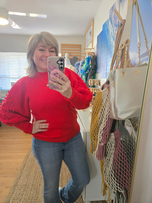 Red Balloon Sleeve Sweater with Pom Pom Details and Ribbed Round Neck